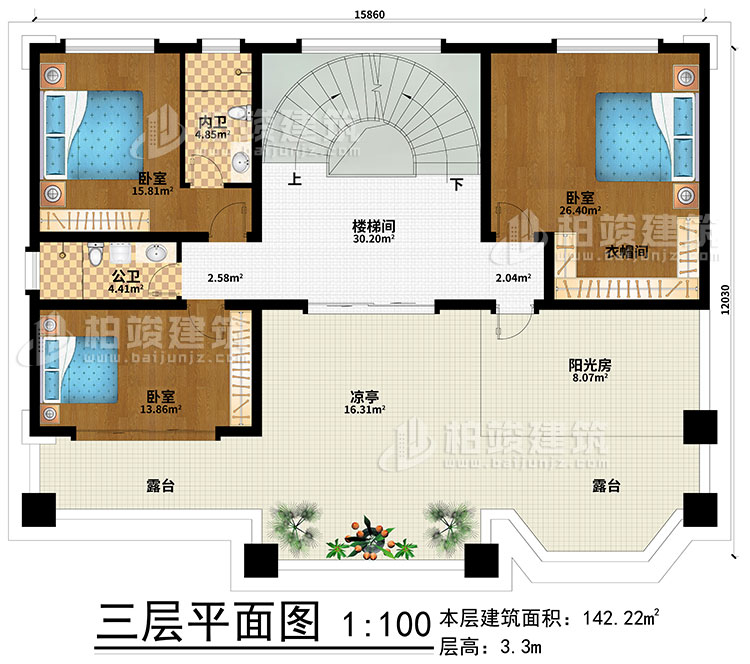 三層：樓梯間、3臥室、衣帽間、公衛、內衛、陽光房、涼亭、2露台