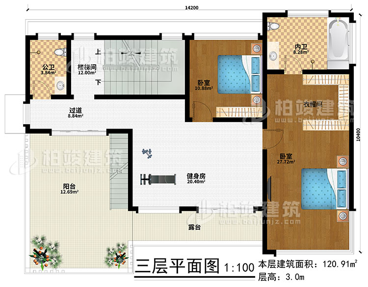 三層：健身房、樓梯間、2臥室、衣帽間、過道、公衛、內衛、陽台、露台
