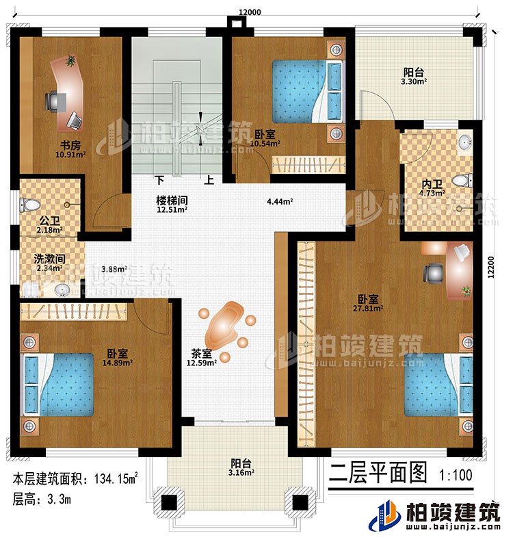 二層：樓梯間、茶室、3臥室、洗漱間、公衛、內衛、2陽台
