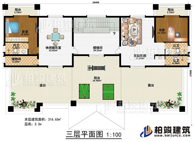 三層：樓梯間、休閑娛樂室、家庭影院、臥室、書房、2公衛、內衛、儲物間、3陽台、2露台