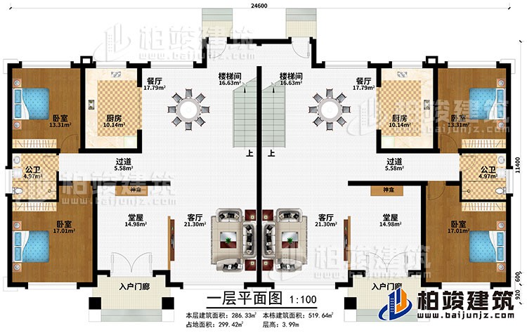 一層：2入戶門廊、2堂屋、2神龕、2餐廳、2廚房、2樓梯間、2過道、4臥室、2公衛