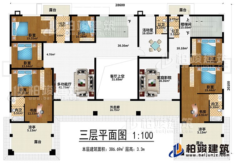 三層：多功能廳、客廳上空、家庭影院、6臥室、2書房、活動室、3公衛、2內衛、4露台、2涼亭、外走廊、樓梯間