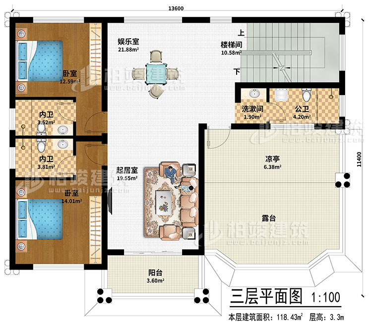三層：起居室、娛樂室、樓梯間、2臥室、洗漱間、公衛、2內衛、涼亭、陽台、露台