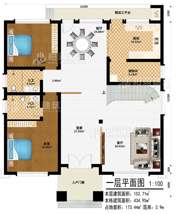 一層：入戶門廊、堂屋、客廳、餐廳、廚房、儲物間、2臥室、公衛、內衛、粗加工平台