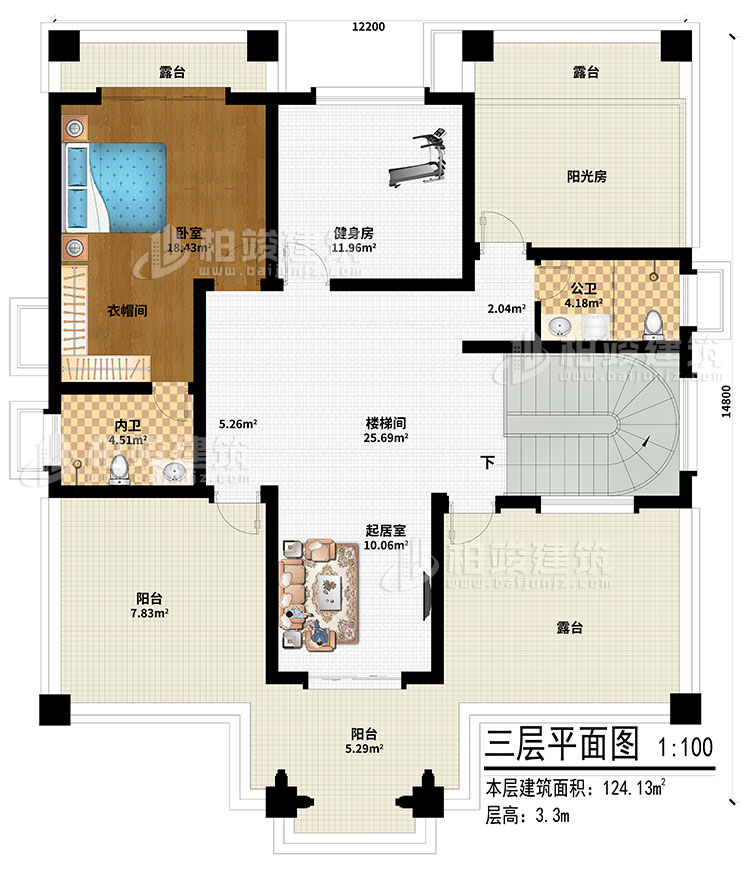 三層：起居室、樓梯間、健身房、陽光房、臥室、衣帽間、內衛、公衛、2陽台、3露台