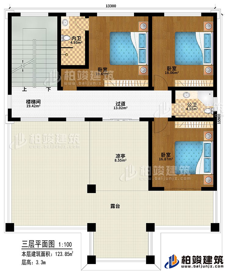 三層：樓梯間、過道、3臥室、公衛、內衛、涼亭、露台
