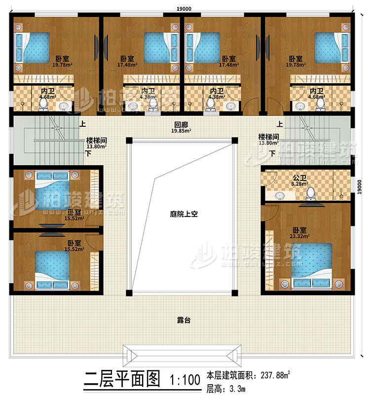 二層：回廊、露台、庭院上空、2樓梯間、7臥室、4內衛、公衛