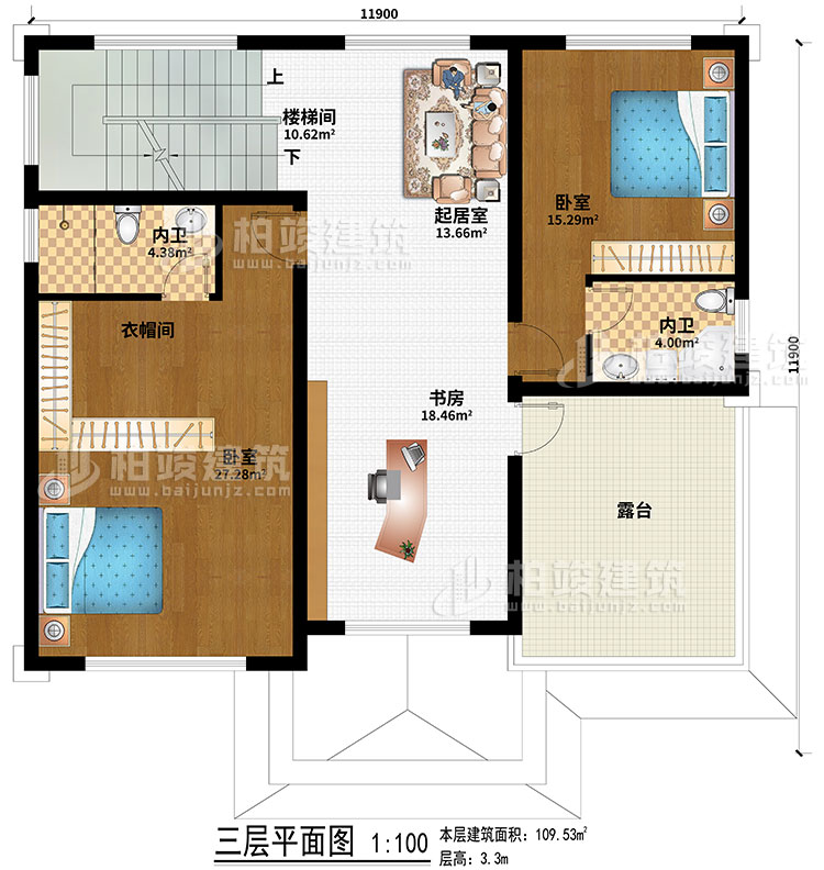 三層：2臥室、起居室、樓梯間、衣帽間、書房、2內衛、露台