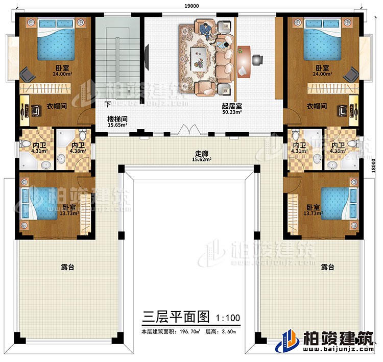 三層：樓梯間、起居室、走廊、4臥室、4內衛、2露台