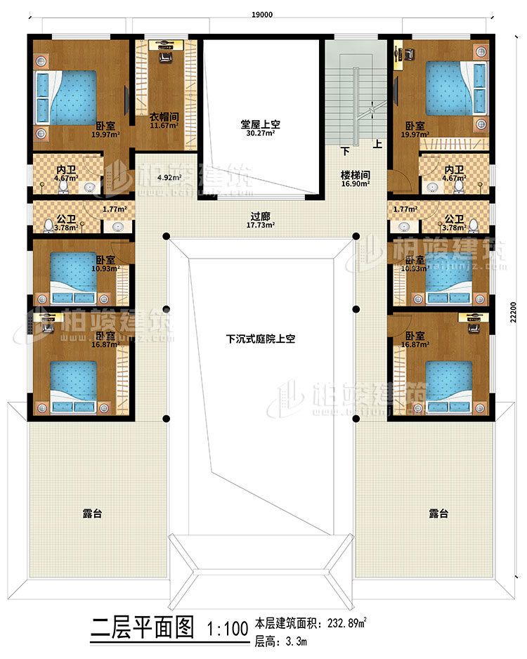 二層：下沉式庭院上空、堂屋上空、樓梯間、過廊、6臥室、衣帽間、2公衛、2內衛、露台