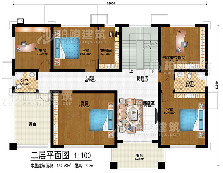 二層：樓梯間、過道、起居室、3臥室、書房、書房兼衣帽間、衣帽間、公衛、內衛、露台、陽台