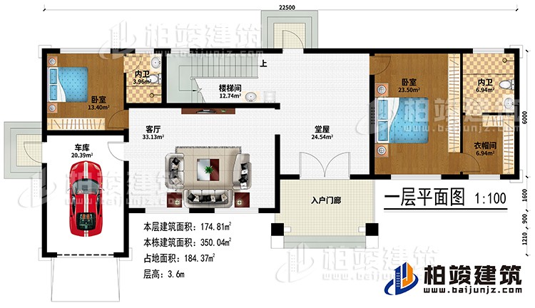 一層:入戶門廊、堂屋、客廳、車庫、樓梯間、2臥室、衣帽間、2內衛