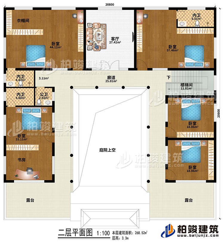 二層：樓梯間、廊道、庭院上空、客廳、5臥室、衣帽間、書房、3內衛、公衛、2露台