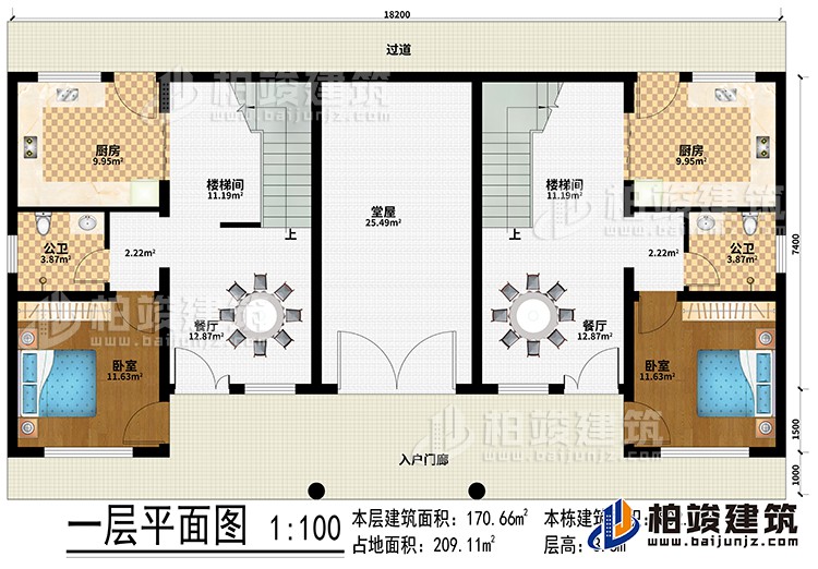 一層：入戶門廊、過道、堂屋、2廚房、2樓梯間、2餐廳、2臥室、2公衛