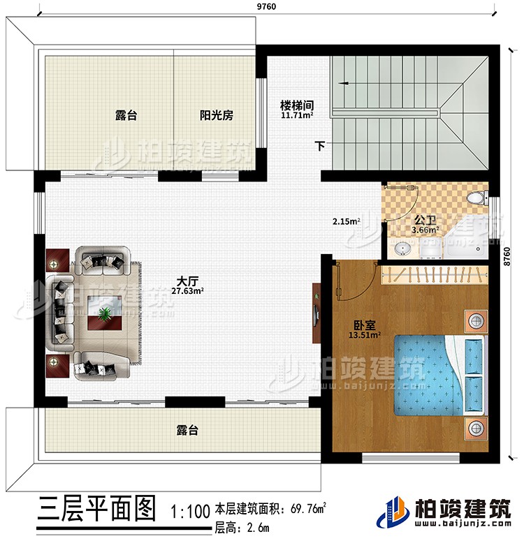 三層：樓梯間、大廳、臥室、公衛、陽光房、2露台