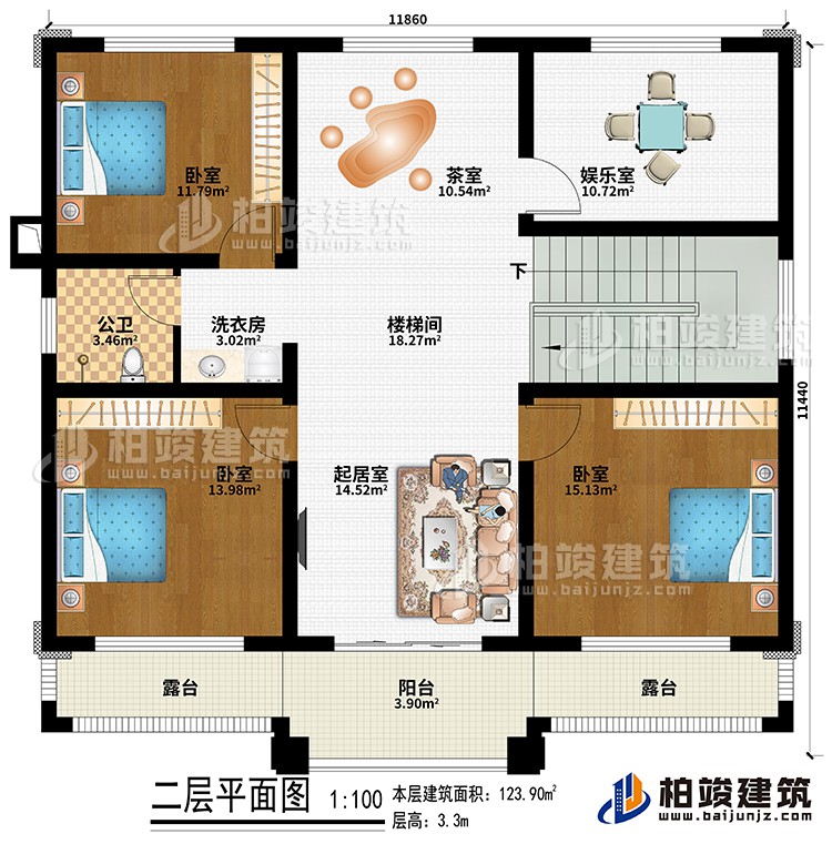 二層：樓梯間、起居室、茶室、3臥室、娛樂室、洗衣房、公衛、陽台、2露台