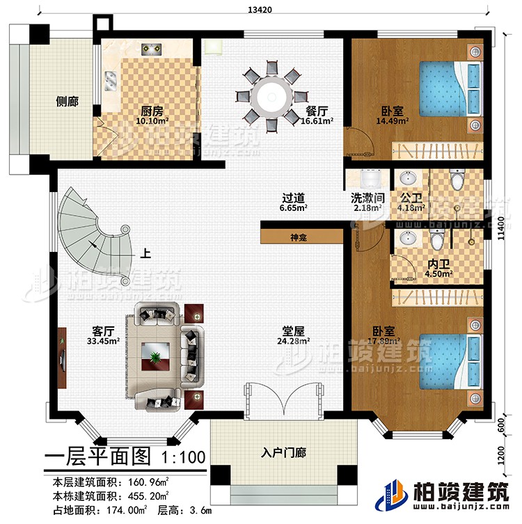 一層：入戶門廊、側廊、堂屋、神龕、客廳、廚房、餐廳、過道、2臥室、洗漱間、公衛、內衛
