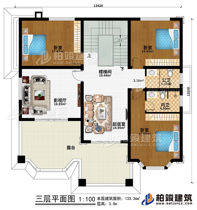 三層：樓梯間、起居室、影視廳、3臥室、公衛、內衛、露台