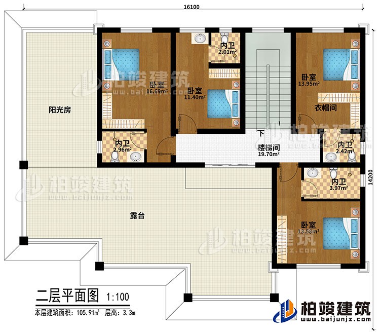 二層：4臥室、衣帽間、樓梯間、4內衛、陽光房、露台
