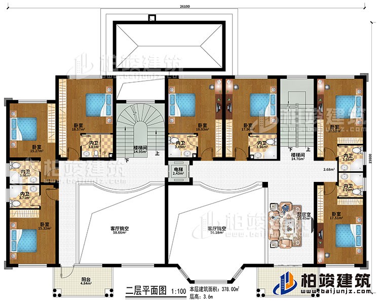 二層：2樓梯間、2客廳挑空、起居室、7臥室、7內衛、電梯、2陽台