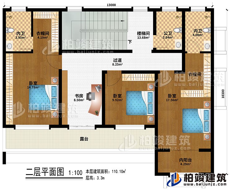 二層：樓梯間、過道、書房、3臥室、2衣帽間、2內衛、公衛、露台、內陽台