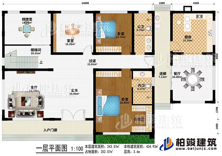 一層：入戶門廊、客廳、玄關、樓梯間、過道、棋牌室、茶室、餐廳、廚房、2臥室、衣帽間、公衛、內衛、連廊