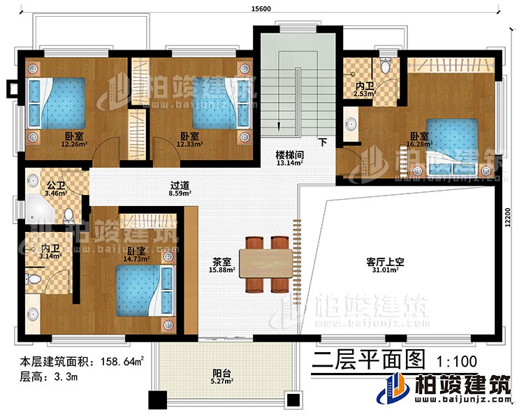 二層：樓梯間、茶室、客廳上空、4臥室、過道、公衛、2內衛、陽台