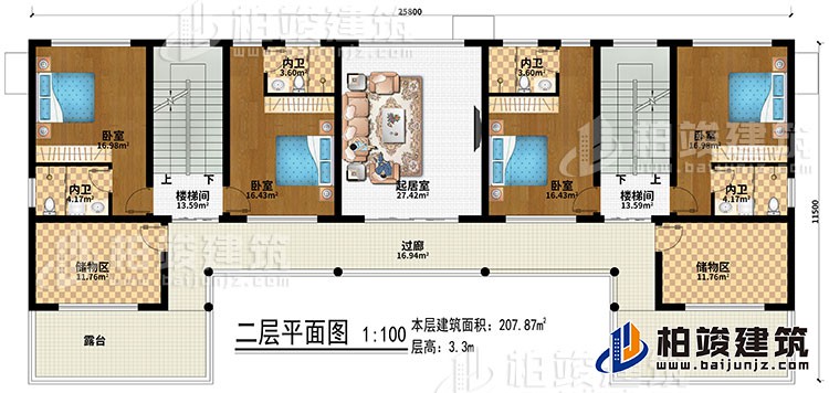 二層：起居室、2樓梯間、4臥室、4內衛、2儲物間、過廊、2露台